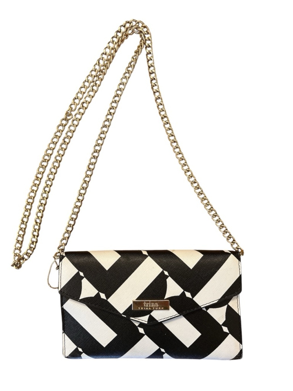 Trina Turk Black & White Geometric Crossbody Wallet on Chain Convertible Clutch
